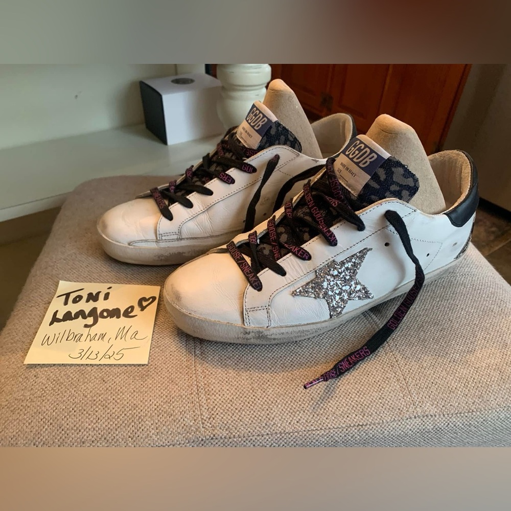 Golden Goose Superstar White Leather Silver Glitter Star and Python Heel